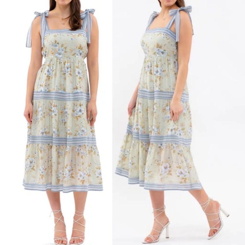 SOLD Floral Cottagecore Prairie Tiered Maxi Dress Size Large Tie Shoulders Boho - Picture 4 of 14
